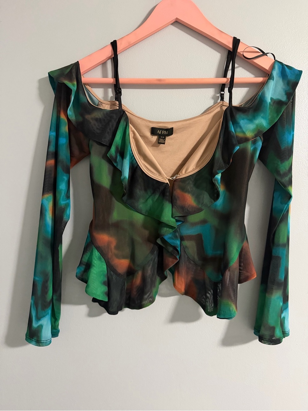 AFRM Off-Shoulder Ruffle Blouse in Teal and Black Abstract Print
